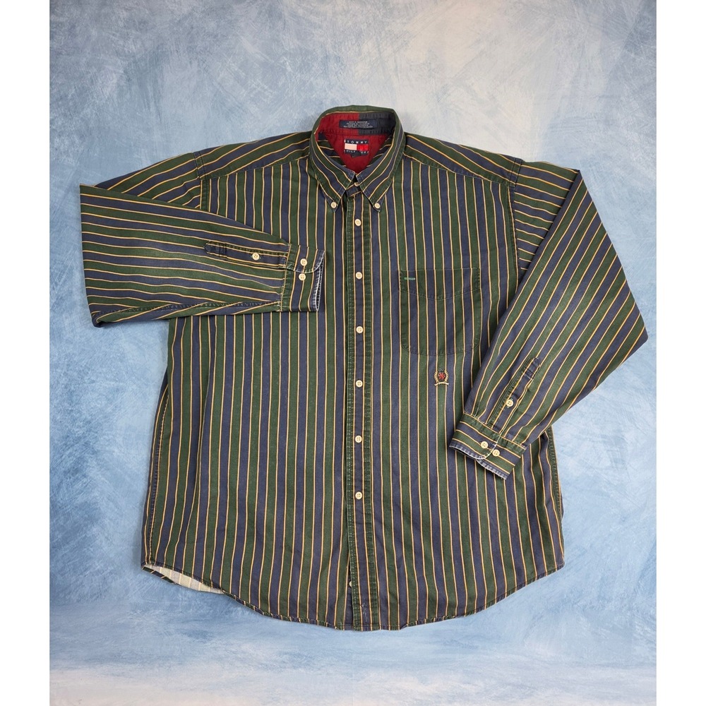 Tommy Hilfiger Men's Shirt L Green/Nvy Blue Navy Stripe Crest Vintage 90s Preppy